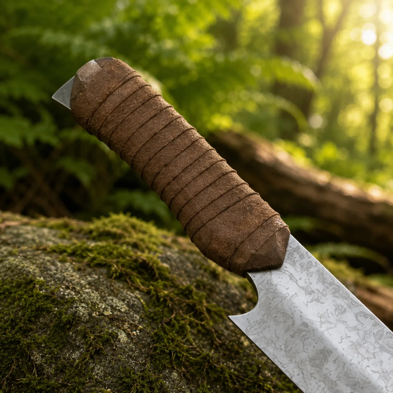 Uruk-hai scimitar prop replica close-up of distinctive L-shaped angled blade tip with stone-wash crackle silver display finish on mossy rock in sunlit forest – LOTR Uruk-hai Saruman collectible