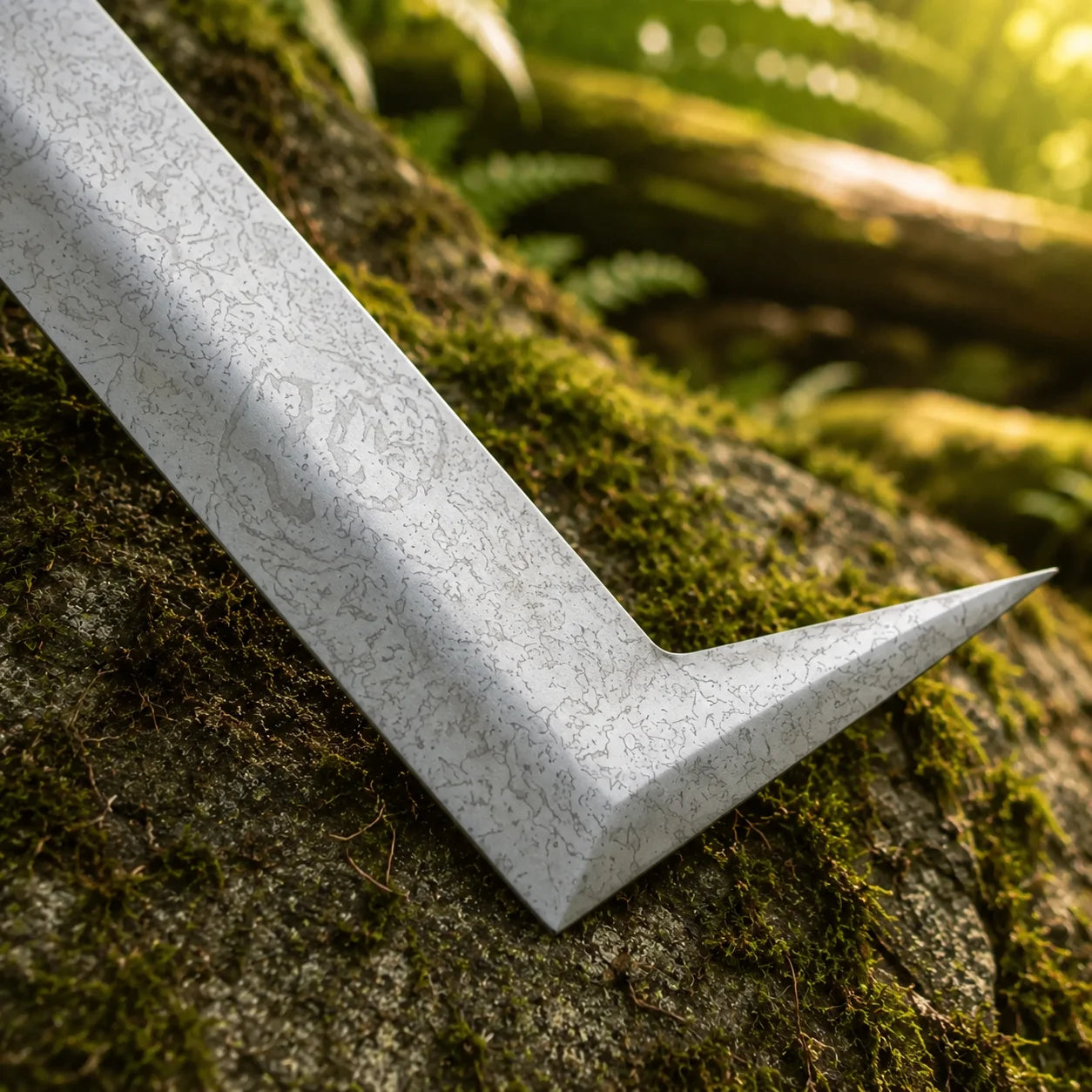 Uruk-hai scimitar prop replica full length flat on mossy rock in sunlit fern forest side profile hero shot showing complete stone-wash silver blade with L-shaped angled tip and brown leather cord grip with diamond pommel cap – LOTR display collectible