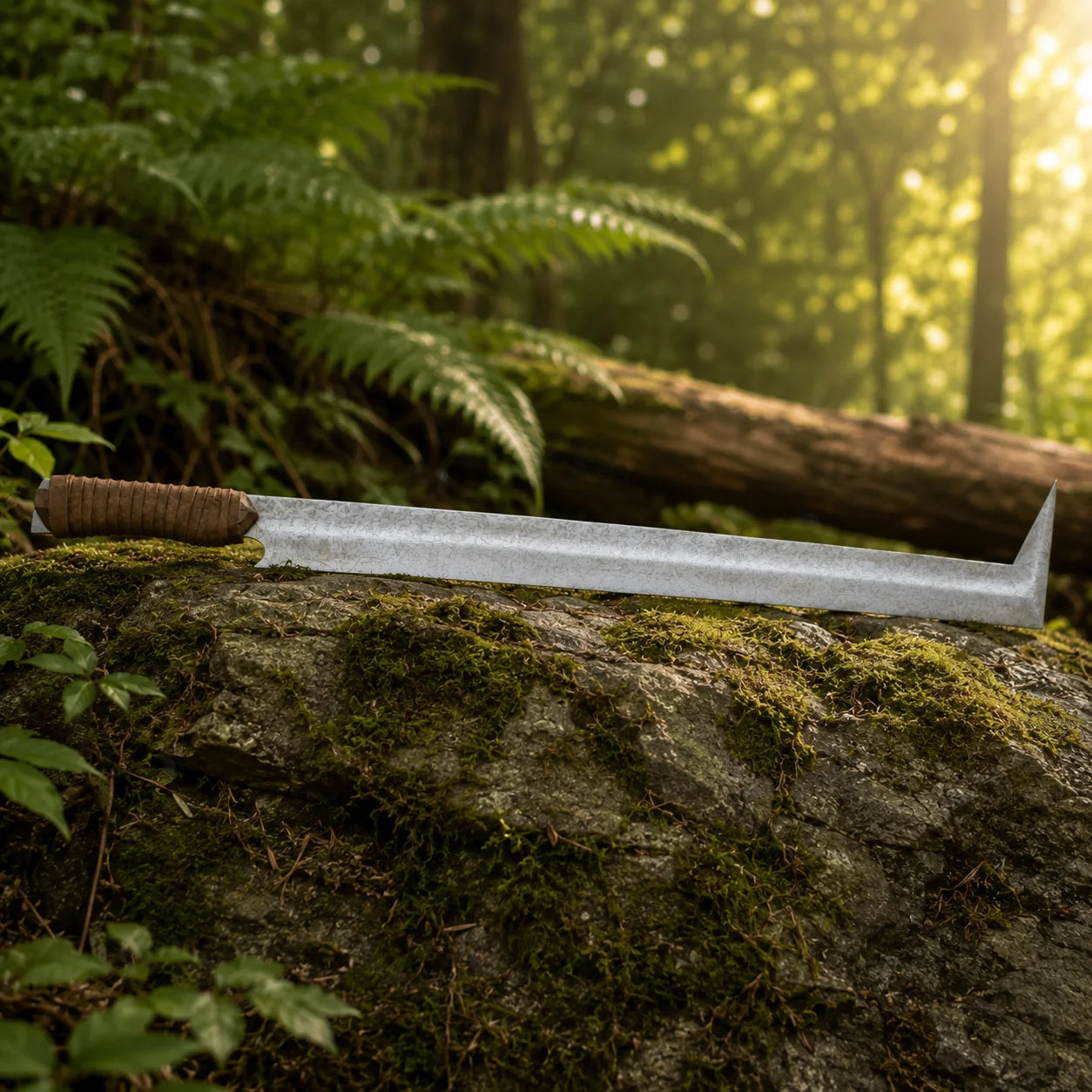Uruk-hai scimitar prop replica held aloft in gloved hand in sunlit forest showing full stone-wash crackle silver blade with distinctive L-shaped angled tip and brown leather cord-wrapped grip – LOTR cosplay prop