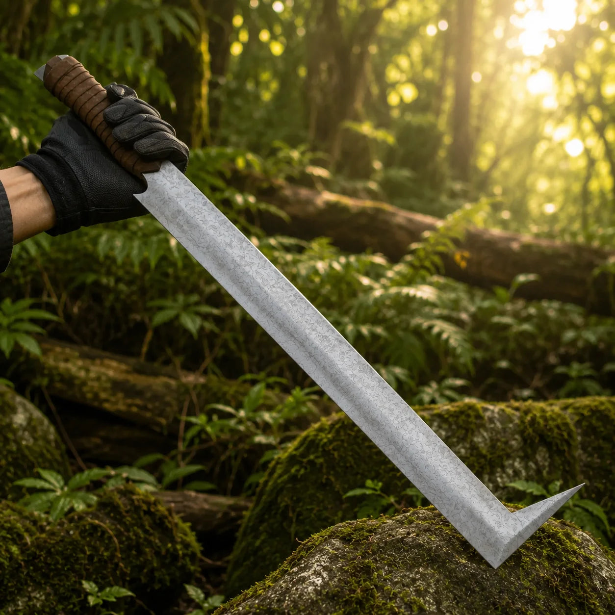 Uruk-hai scimitar prop replica alternate full length view on mossy rock in sunlit forest showing complete stone-wash crackle silver blade with L-shaped angled tip brown leather cord grip and diamond-shaped pommel cap – Tolkien LOTR Uruk-hai fan gift