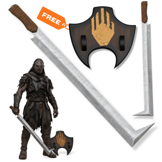 Uruk-hai scimitar sword LOTR prop replica with wrapped handle and White Hand wall display plaque