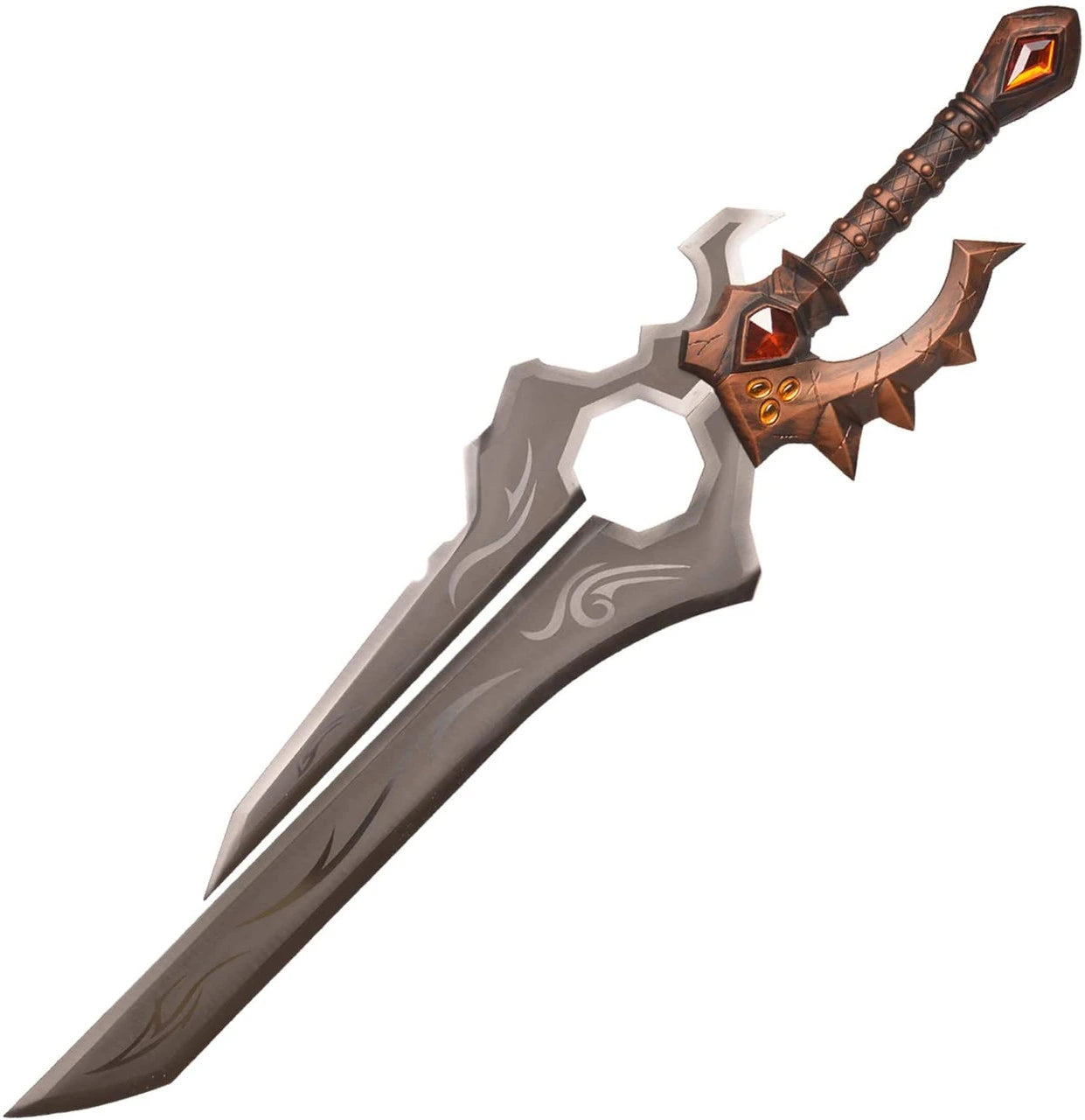 King Varian Wrynn Shalamayne Sword displayed on its included stand for gaming-room décor and fantasy collections