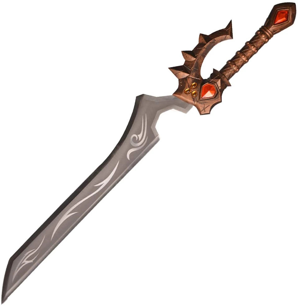 Detailed Warcraft Sword with blue crystal styling, gold accents, broad guard, and polished blade for cosplay photography