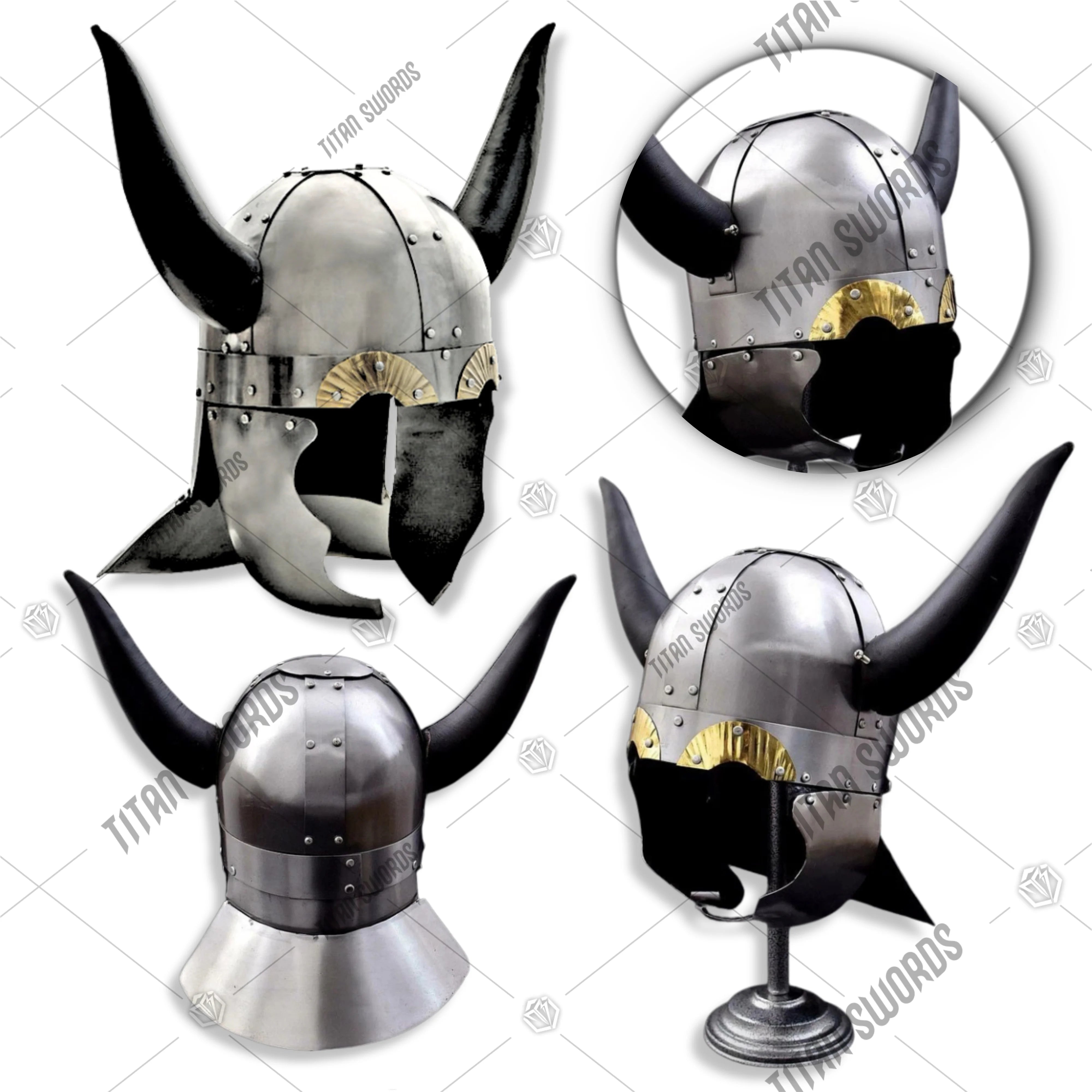 Premium Viking Leather Horned Helmet Replica with high-carbon stainless steel.