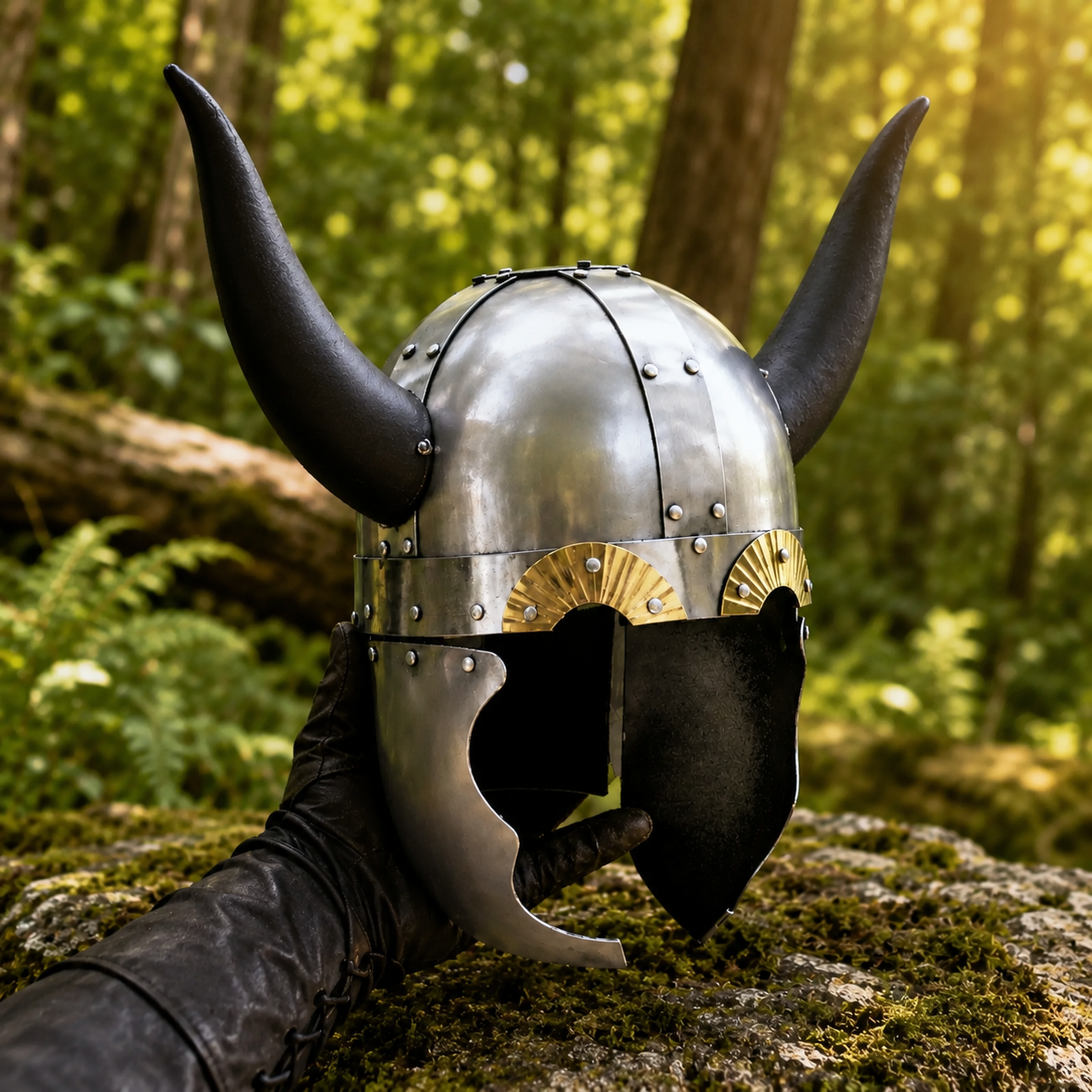 Viking Horned Saga Helmet prop replica held in gloved hand in forest setting – Norse cosplay display collectible