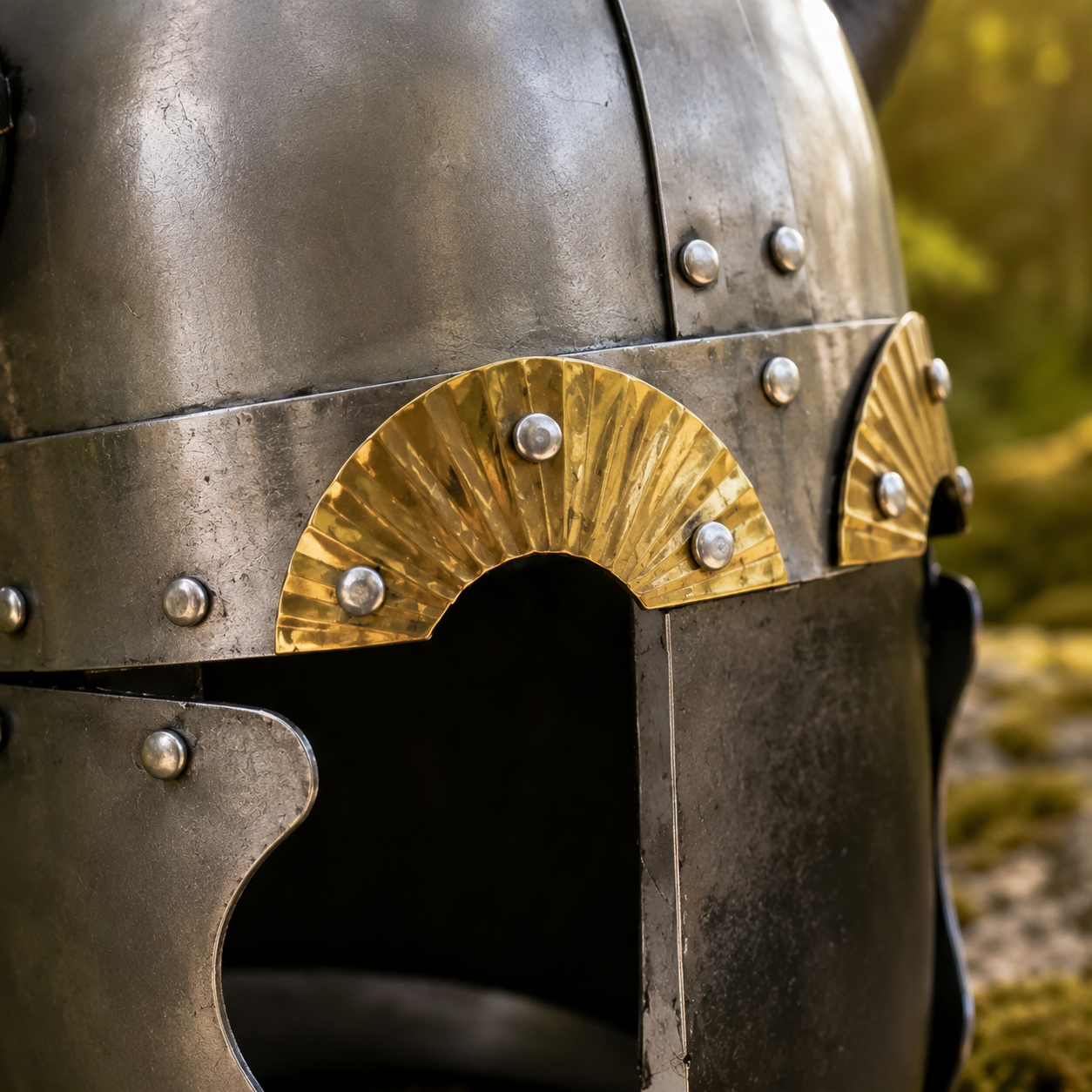 Viking Horned Saga Helmet prop replica displayed on mossy log in forest – Norse warrior collectible side view
