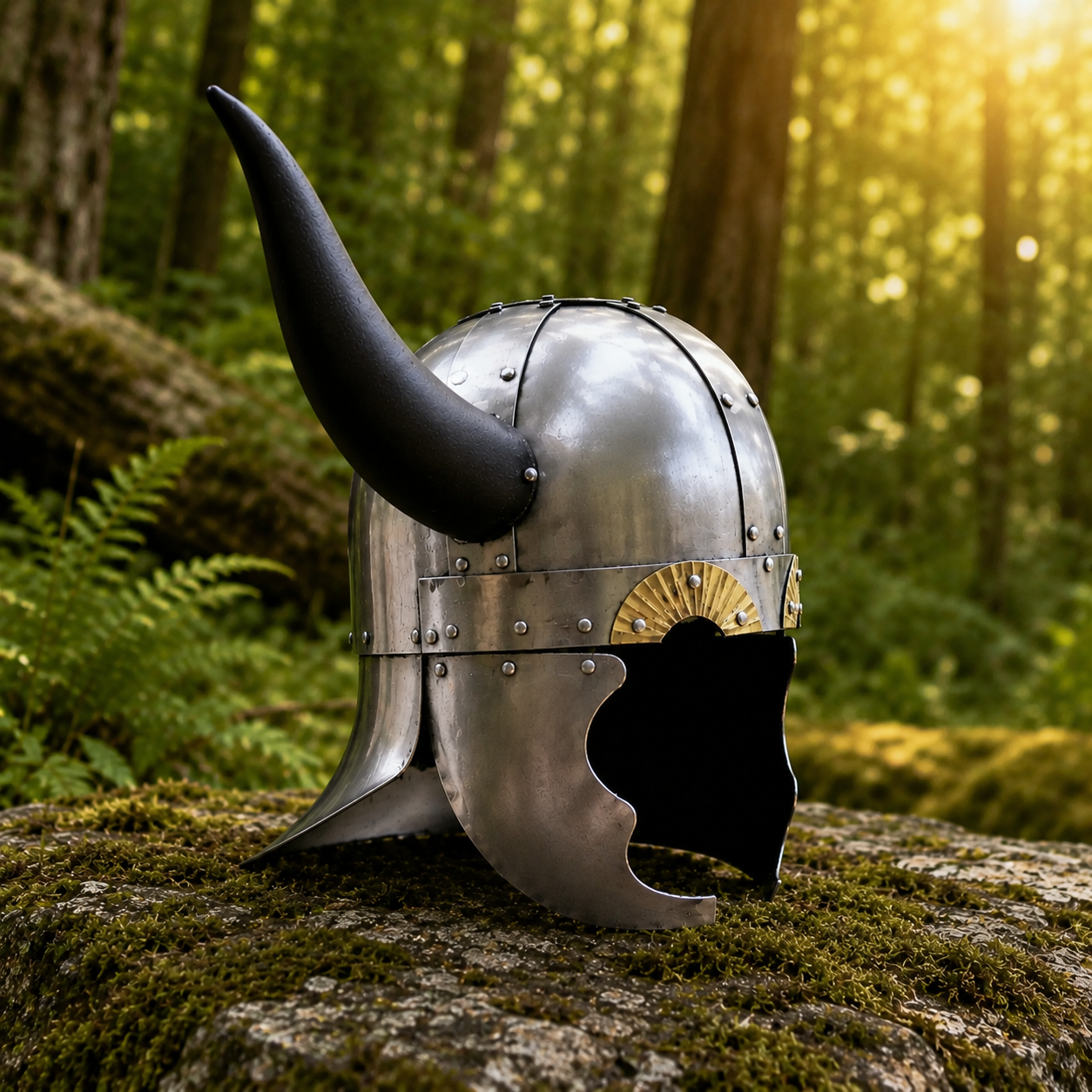 Viking Horned Saga Helmet prop replica top-down front view on stone – Norse display collectible with brass brow detail