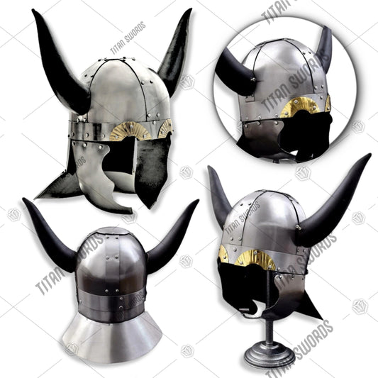 Premium Viking Leather Horned Helmet Replica with high-carbon stainless steel.