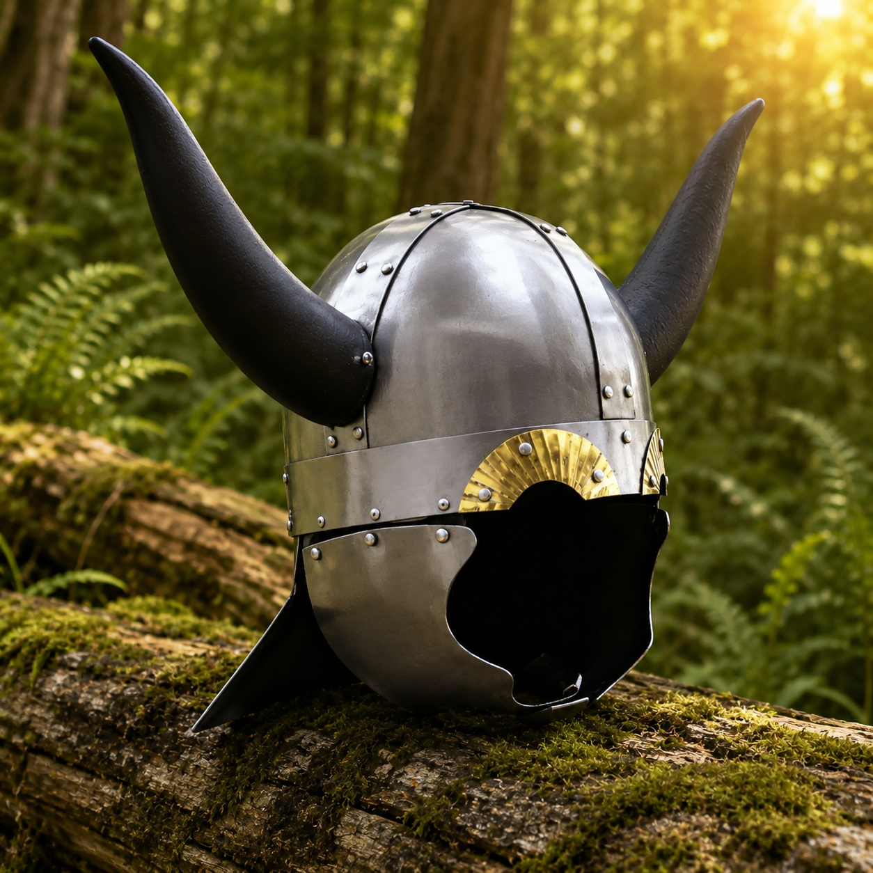 Viking Horned Saga Helmet Norse warrior prop replica displayed on forest rock – front angle collectible view