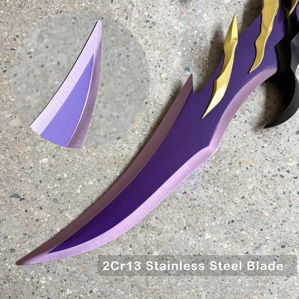 Voidstrike Shadow Serpent anime replica sword hand-held outdoors on stone pavement showing full purple blade, black multi-spike crossguard with gold accents, and black dragon grip