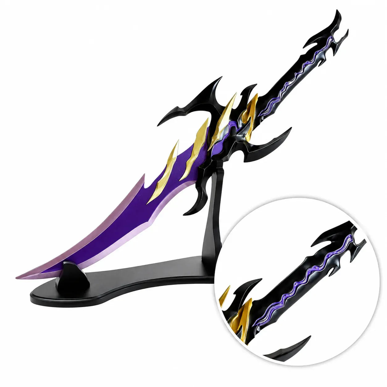 Voidstrike Shadow Serpent anime replica sword on black display stand with circular inset closeup of black and gold dragon crossguard detail on white background