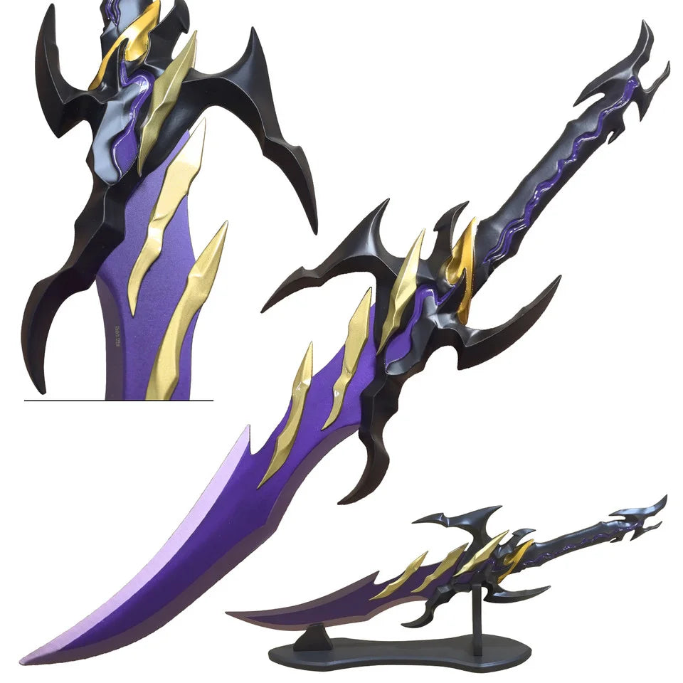 Voidstrike Shadow Serpent anime replica sword shown in three angles: on display stand from above, angled full view, and with separated black display stand base components on white background