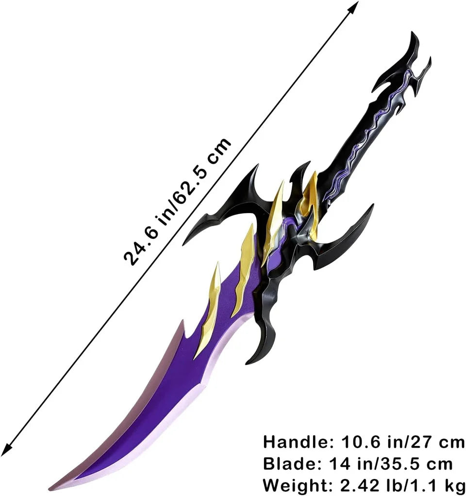 Voidstrike Shadow Serpent anime replica sword showing large closeup of black and gold multi-spike crossguard with purple accents, full diagonal view, and small stand display view on white background