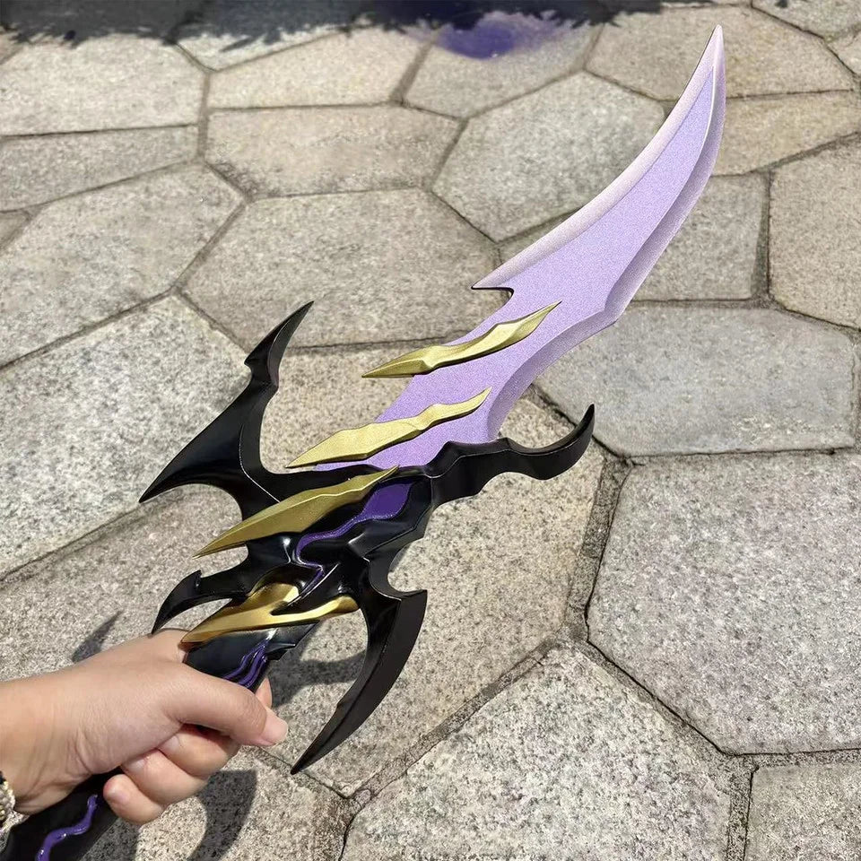 Voidstrike Shadow Serpent anime replica sword 2Cr13 stainless steel purple blade closeup on stone surface with circular inset showing blade edge detail and gold crossguard accent