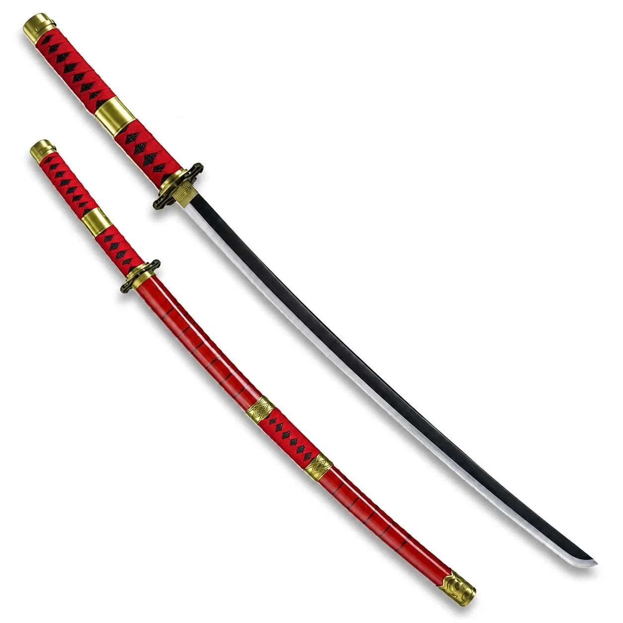 Wado Ichimonji Zoro katana beside burgundy scabbard with gold fittings on white background