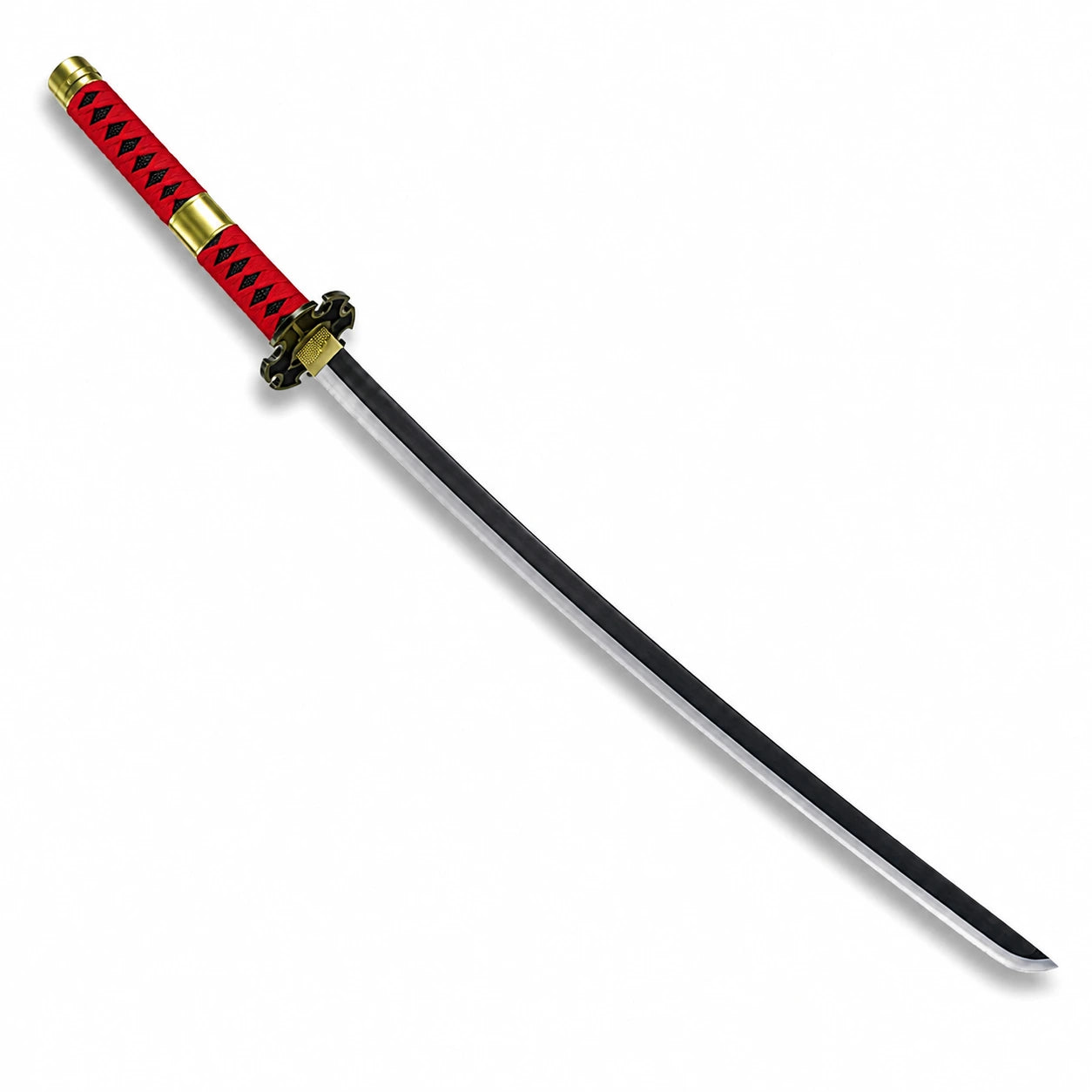 Unsheathed Wado Ichimonji anime katana showing black blade, silver edge and red handle