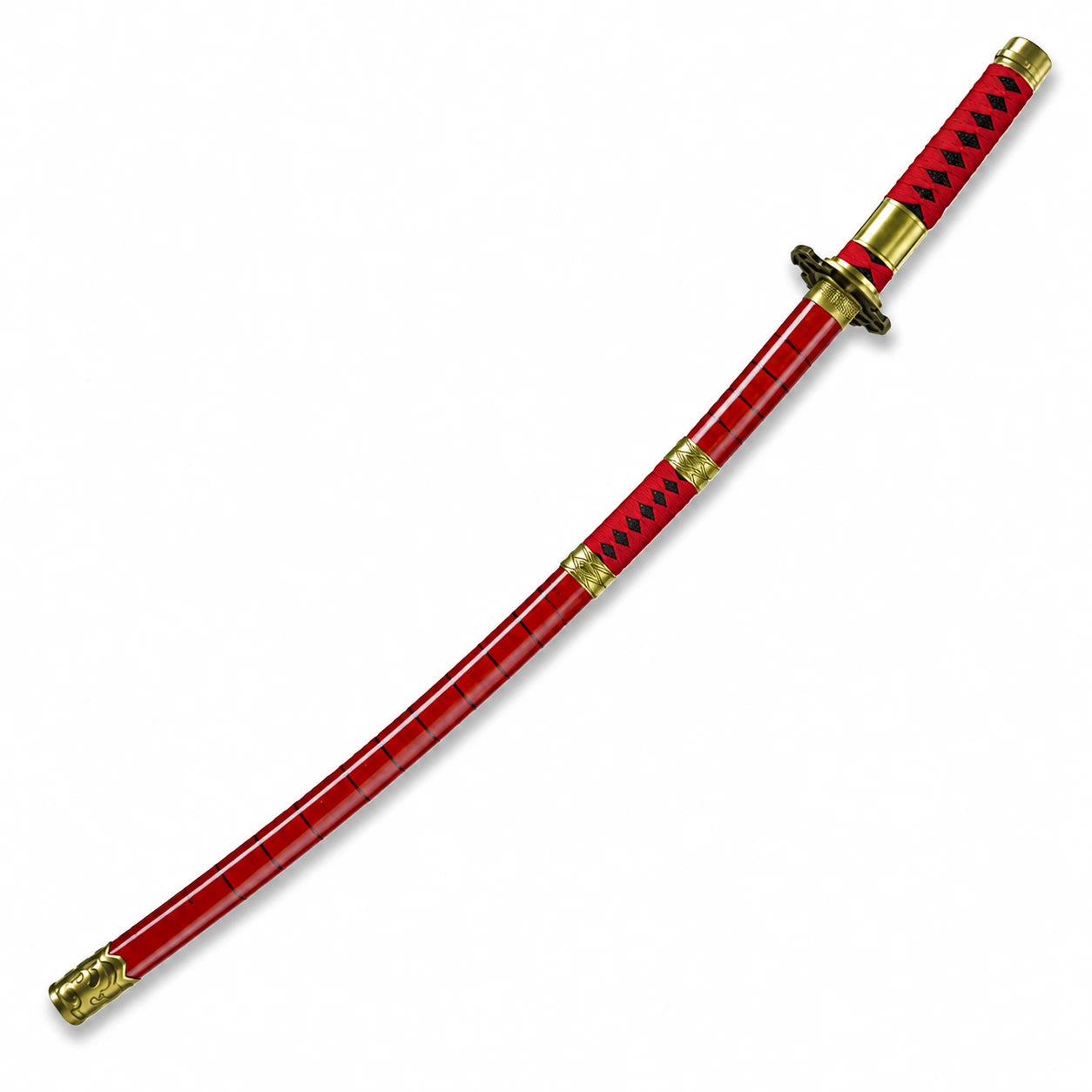 Sheathed Wado Ichimonji katana with burgundy scabbard and decorative gold-tone fittings