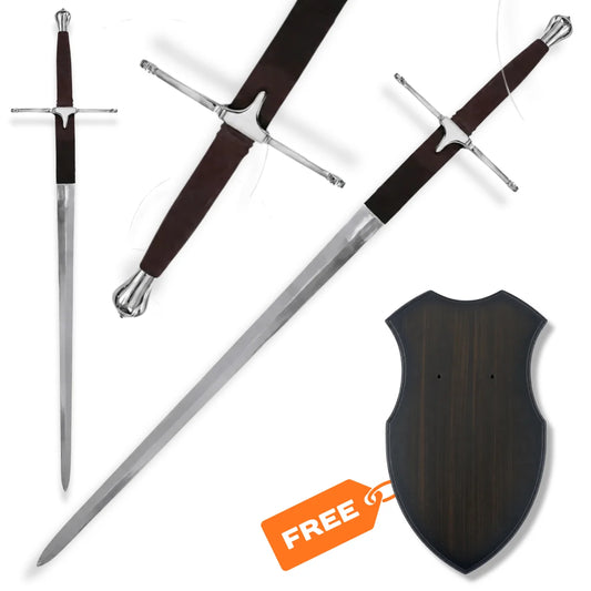 William Wallace Claymore Braveheart prop replica with long stainless steel blade, wrapped brown grip, Scottish crossguard and wall display plaque
