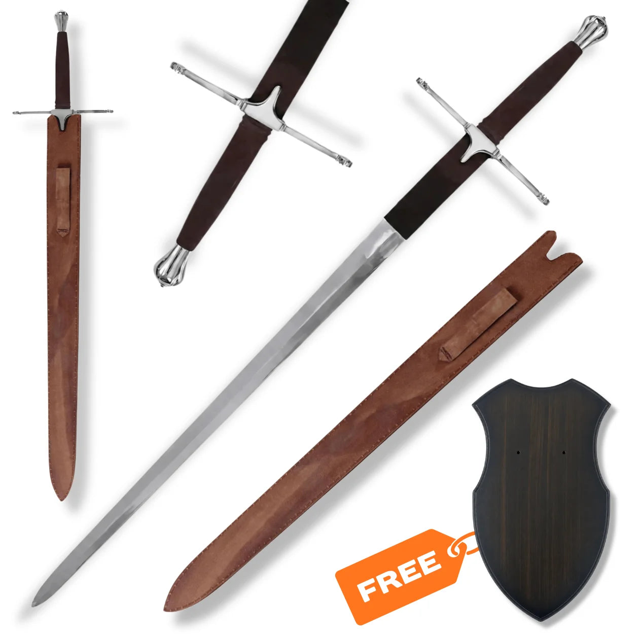 William Wallace Claymore Braveheart prop replica with long stainless steel blade, wrapped brown grip, Scottish crossguard and wall display plaque