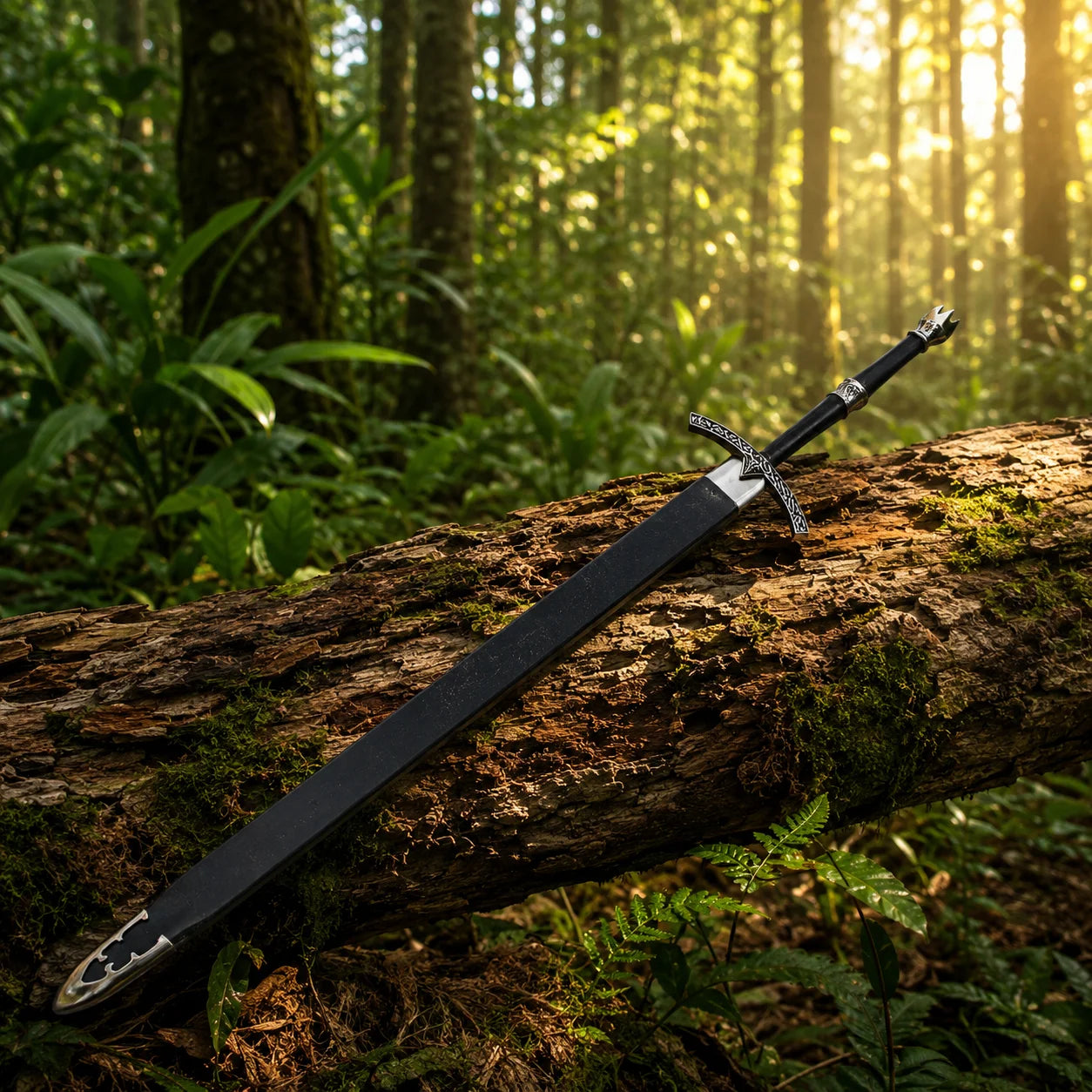 Close-up of Witch-King sword prop replica polished silver blade tip with mirror finish in sunlit forest bokeh – LOTR Nazgûl collectible