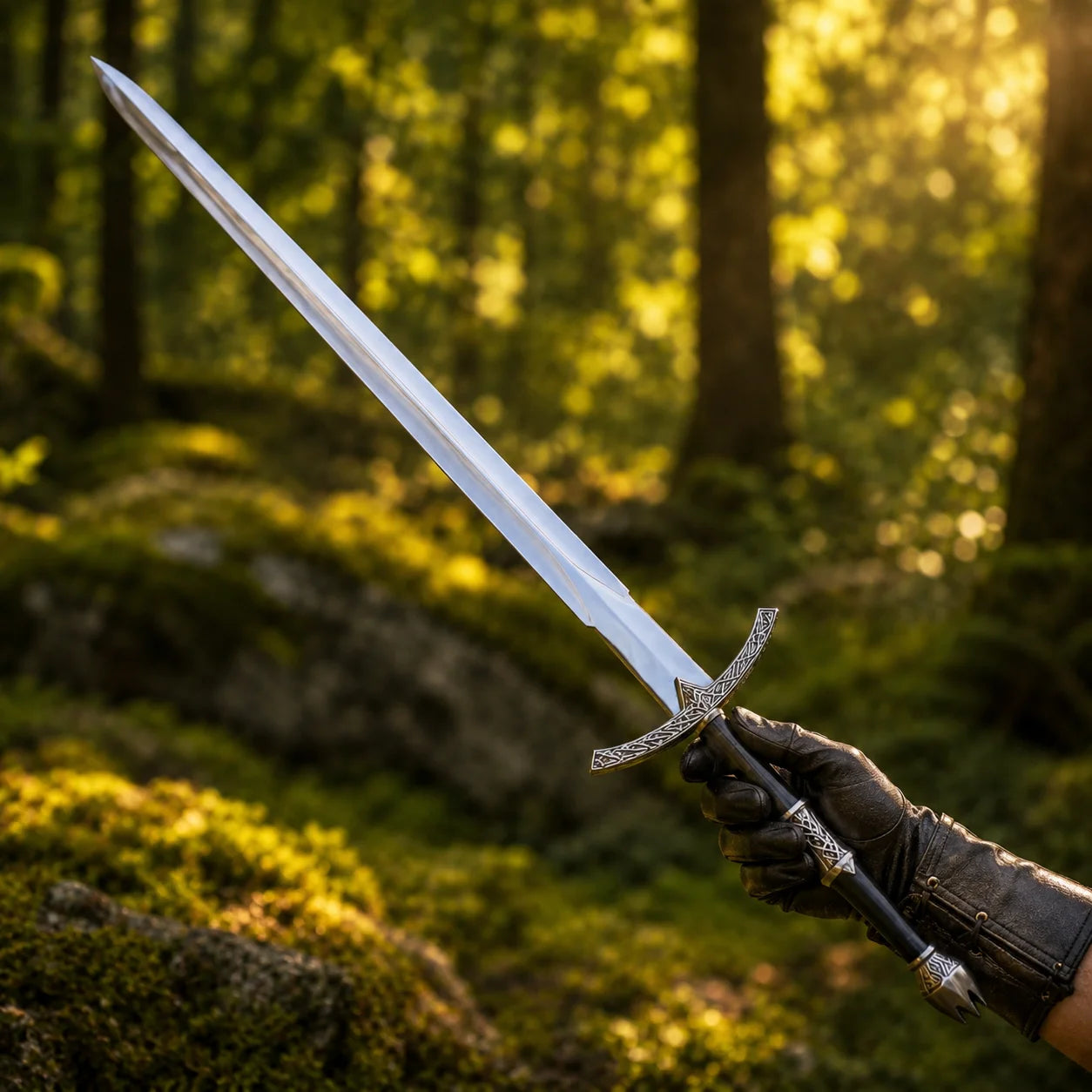 Witch-King of Angmar sword prop replica full length with black scabbard on white background showing silver blade and Celtic handle detail – LOTR collectible