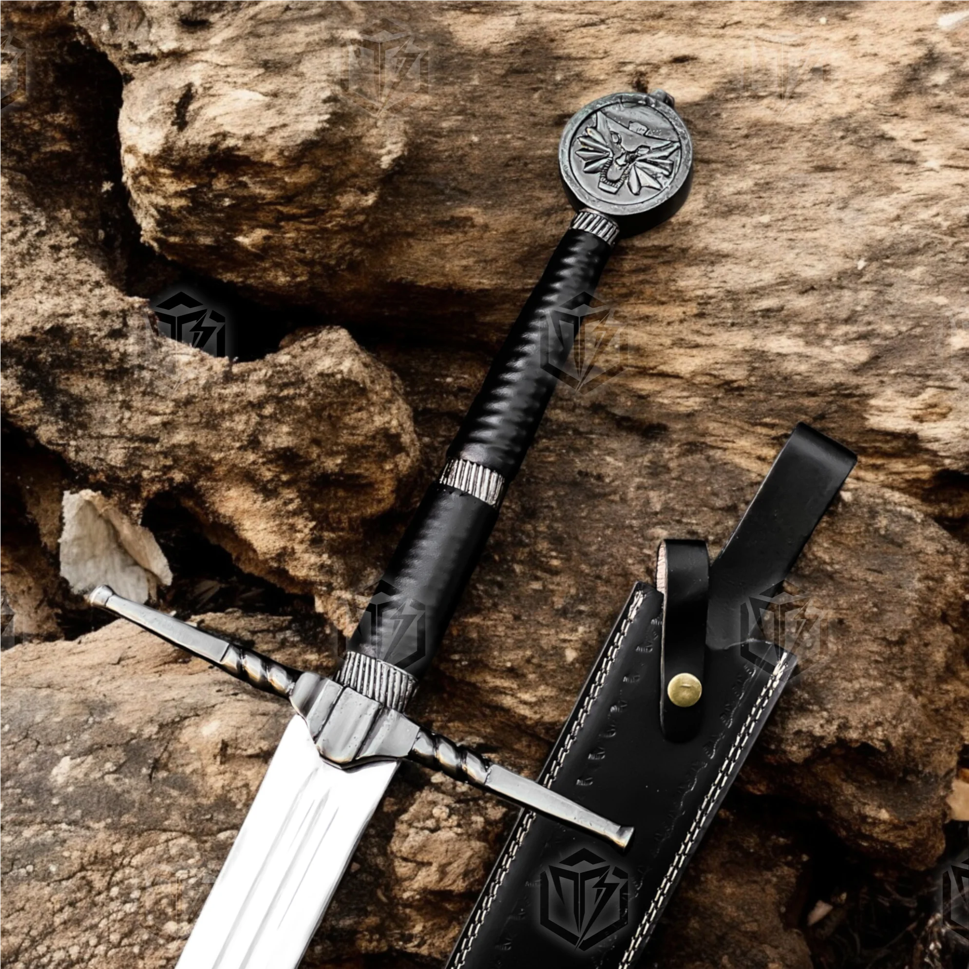 Premium Witcher Geralt’s Wolf Steel Sword Replica with Ebony Plaque Stand