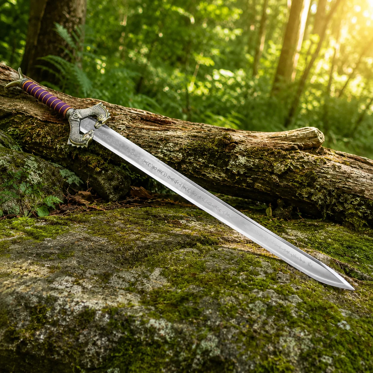 DC Wonder Woman God Killer display sword prop replica angled view on moss-covered rock
