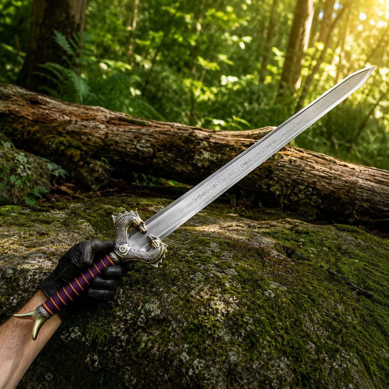 Wonder Woman movie-inspired God Killer sword prop replica displayed in sunlit forest