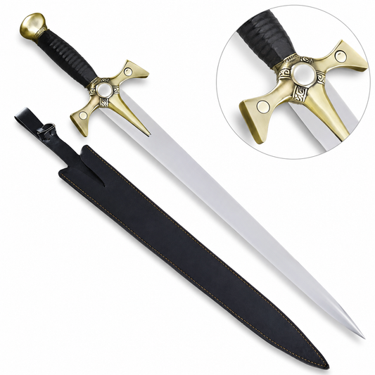 Close-up of Xena sword prop replica gold crossguard and wrapped handle detail fantasy collectible