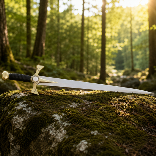 Xena Warrior Princess sword prop replica flat lay on mossy stone gold crossguard display collectible