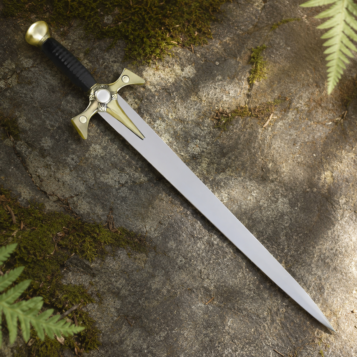 Close-up of Xena sword prop replica display blade tip in sunlit forest dull decorative edge