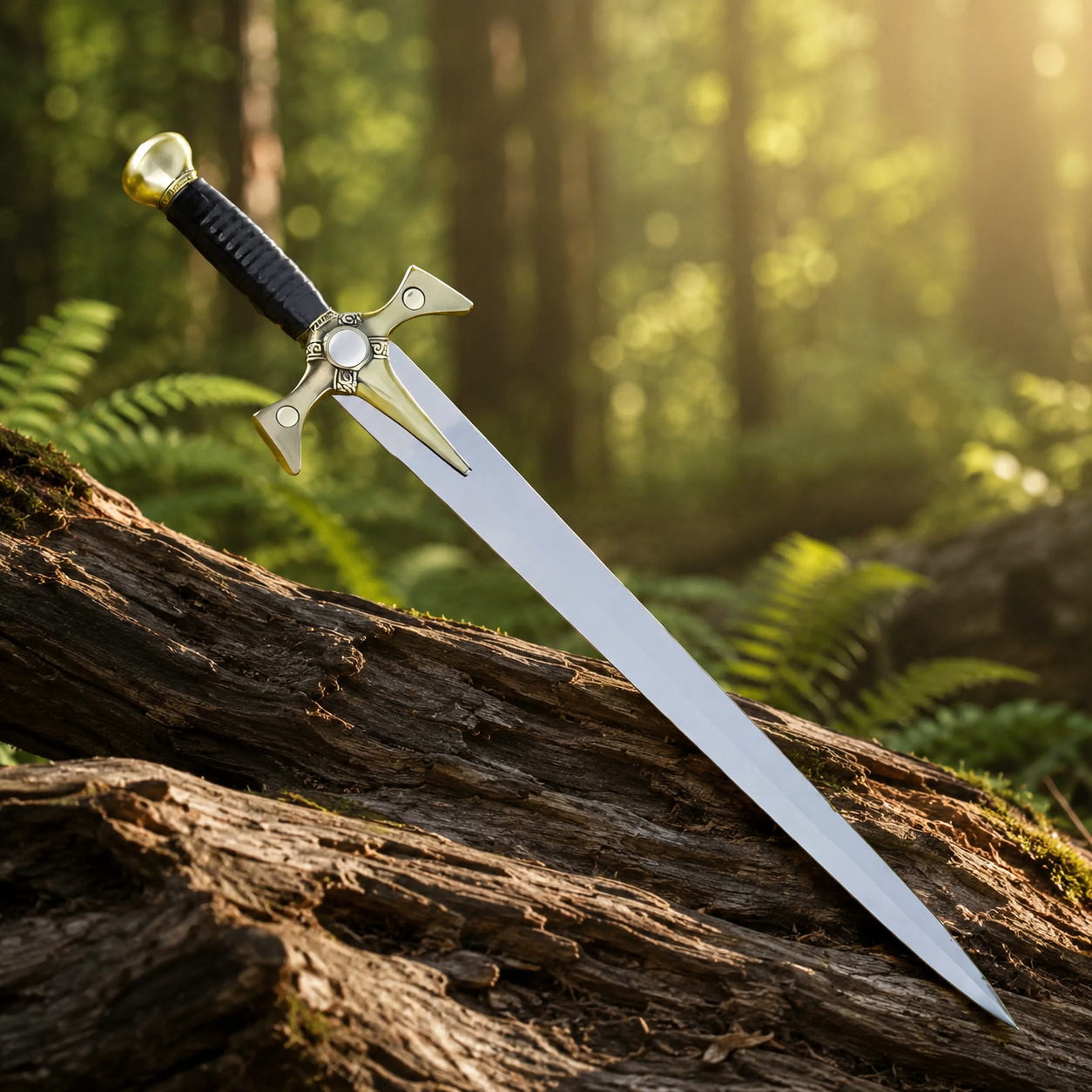 Xena sword prop replica standing upright in forest fern setting fantasy display collectible