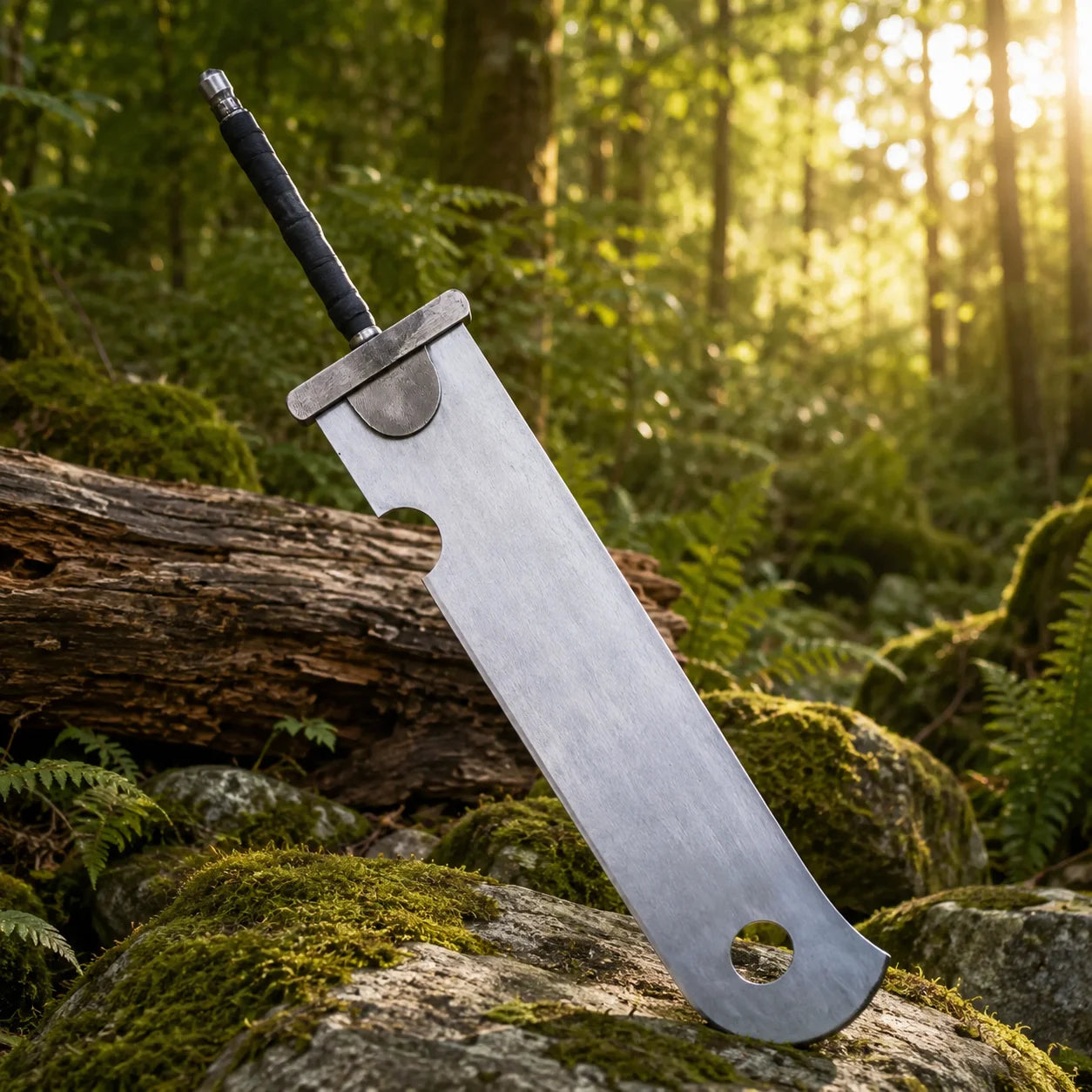 Side view of Zabuza Momochi Zanbatō prop replica on mossy rocks – Naruto display piece
