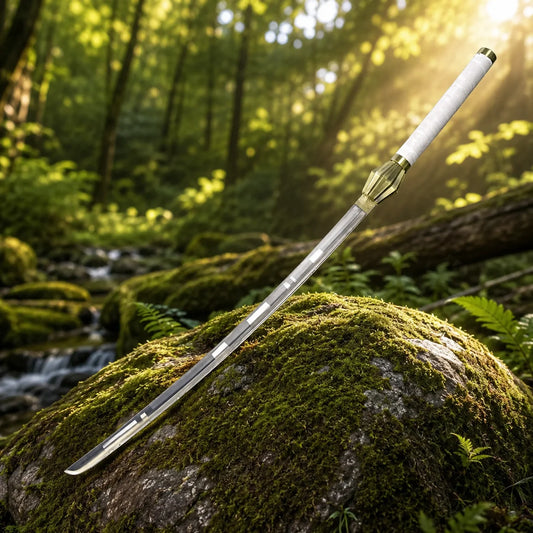 Bleach anime Kenpachi Zaraki collectible sword – side profile display view on mossy rock
