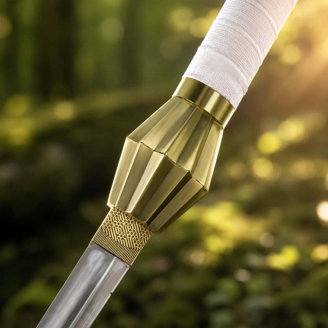 White handle wrap detail on Zaraki Kenpachi Bleach prop replica – cord-wrapped cosplay display collectible