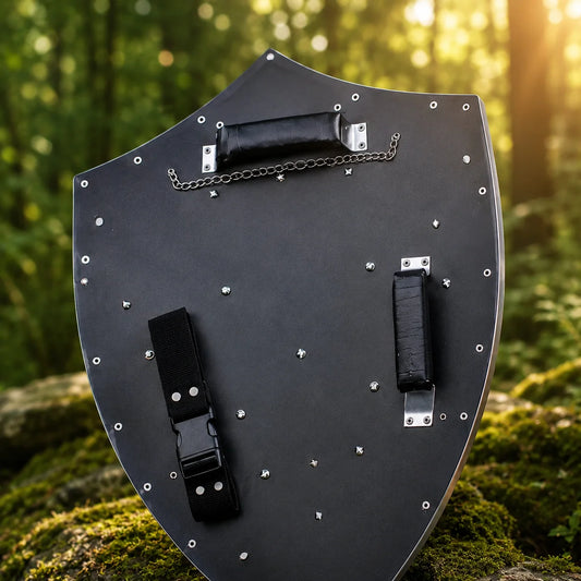 Link's Hylian Shield prop replica held in hand – Legend of Zelda cosplay accessory display collectible