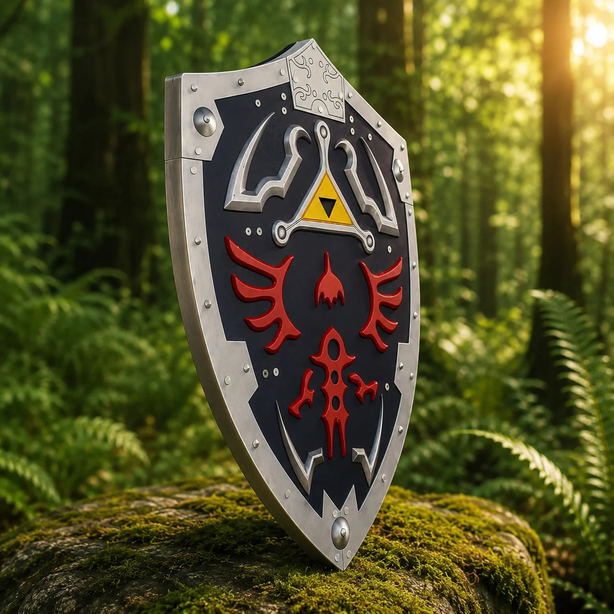 Hylian Shield decorative prop replica flat lay on stone – Legend of Zelda fantasy collectible