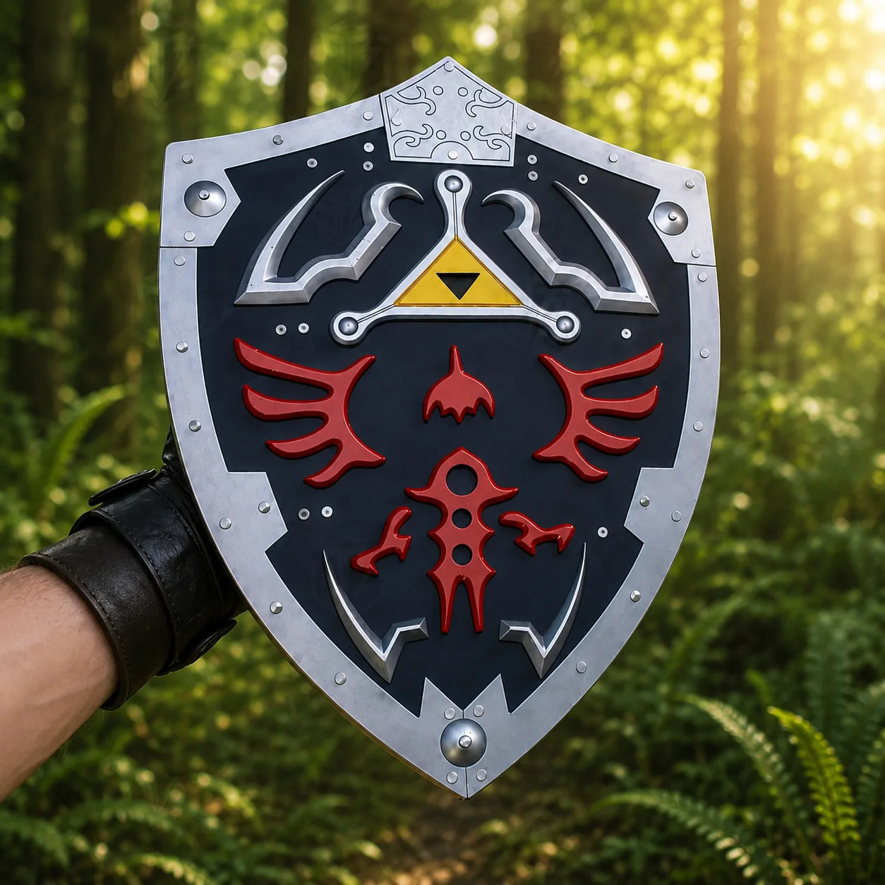 Close-up of Triforce emblem on Link's Hylian Shield prop replica – Zelda display collectible detail