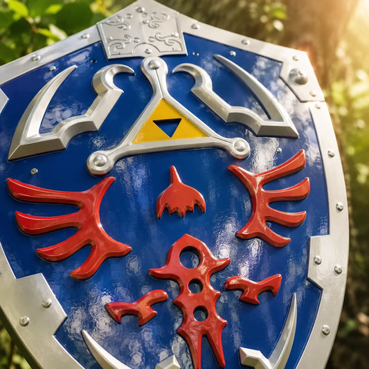 Legend of Zelda Hylian Shield decorative prop replica leaning against mossy log in forest setting