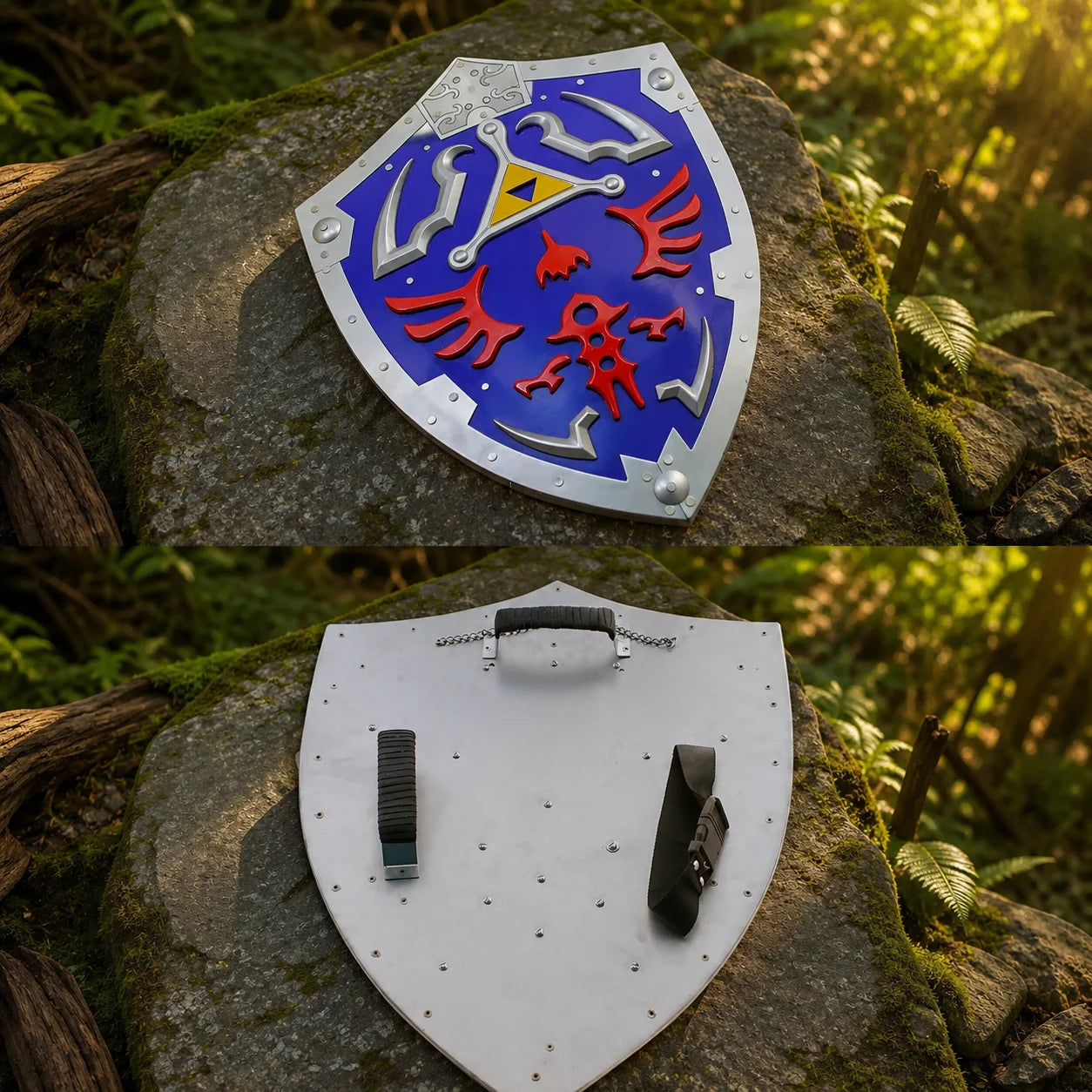 Link's Hylian Shield cosplay prop replica held up in forest – Legend of Zelda fan display collectible