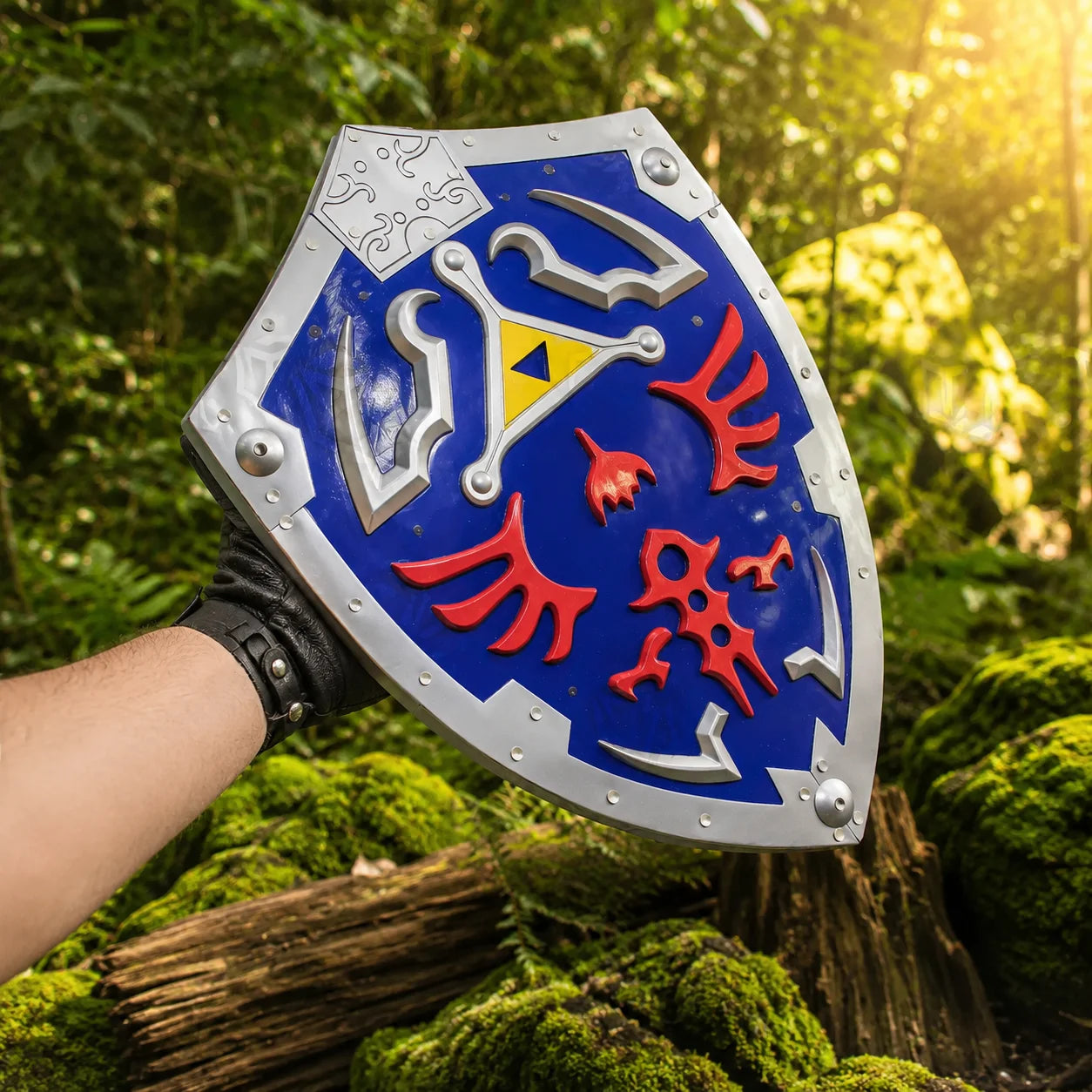 Back view of Zelda Hylian Shield prop replica showing adjustable strap and ergonomic grip handle
