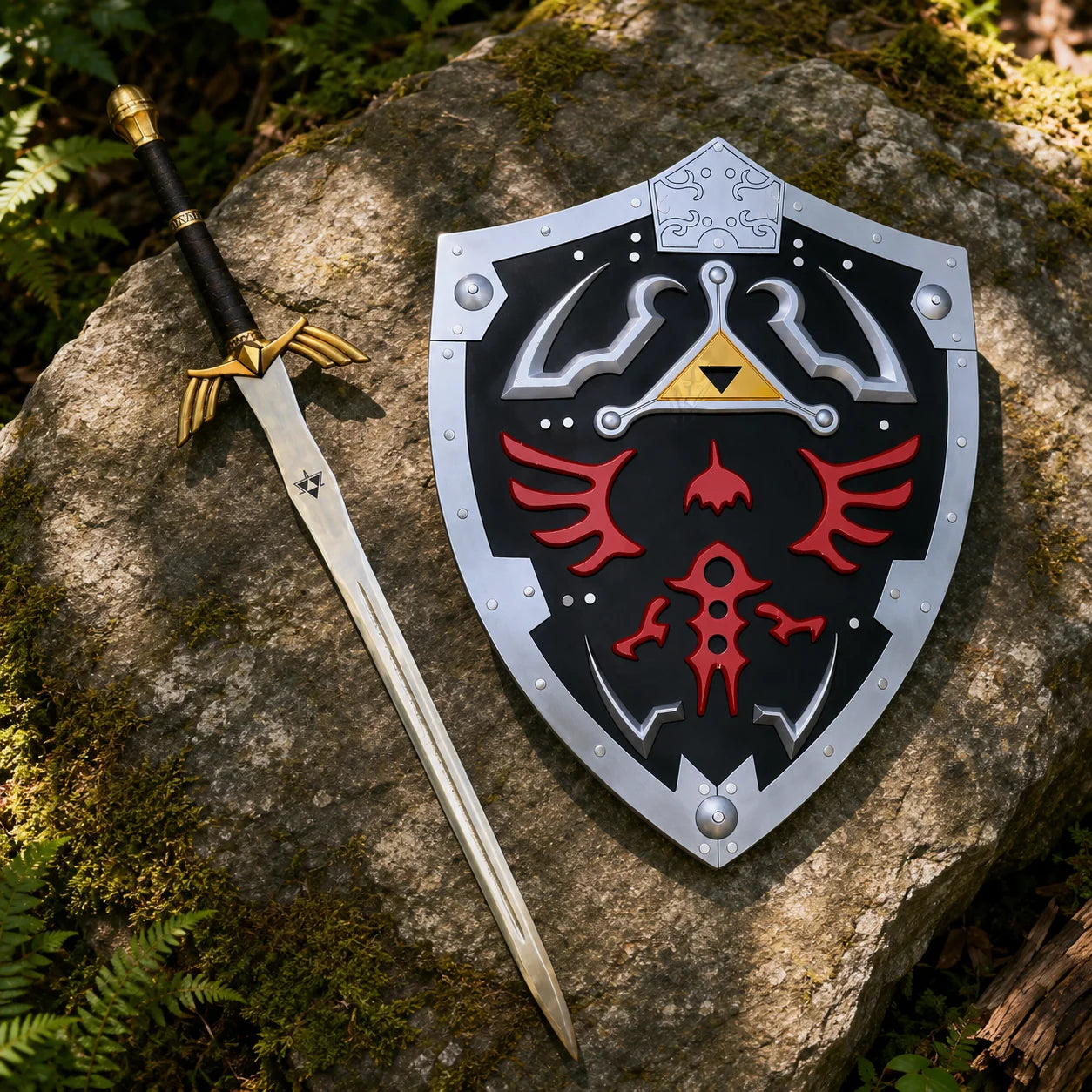 Link Master Sword prop replica gold winged guard and black wrapped handle close-up – Zelda collectible