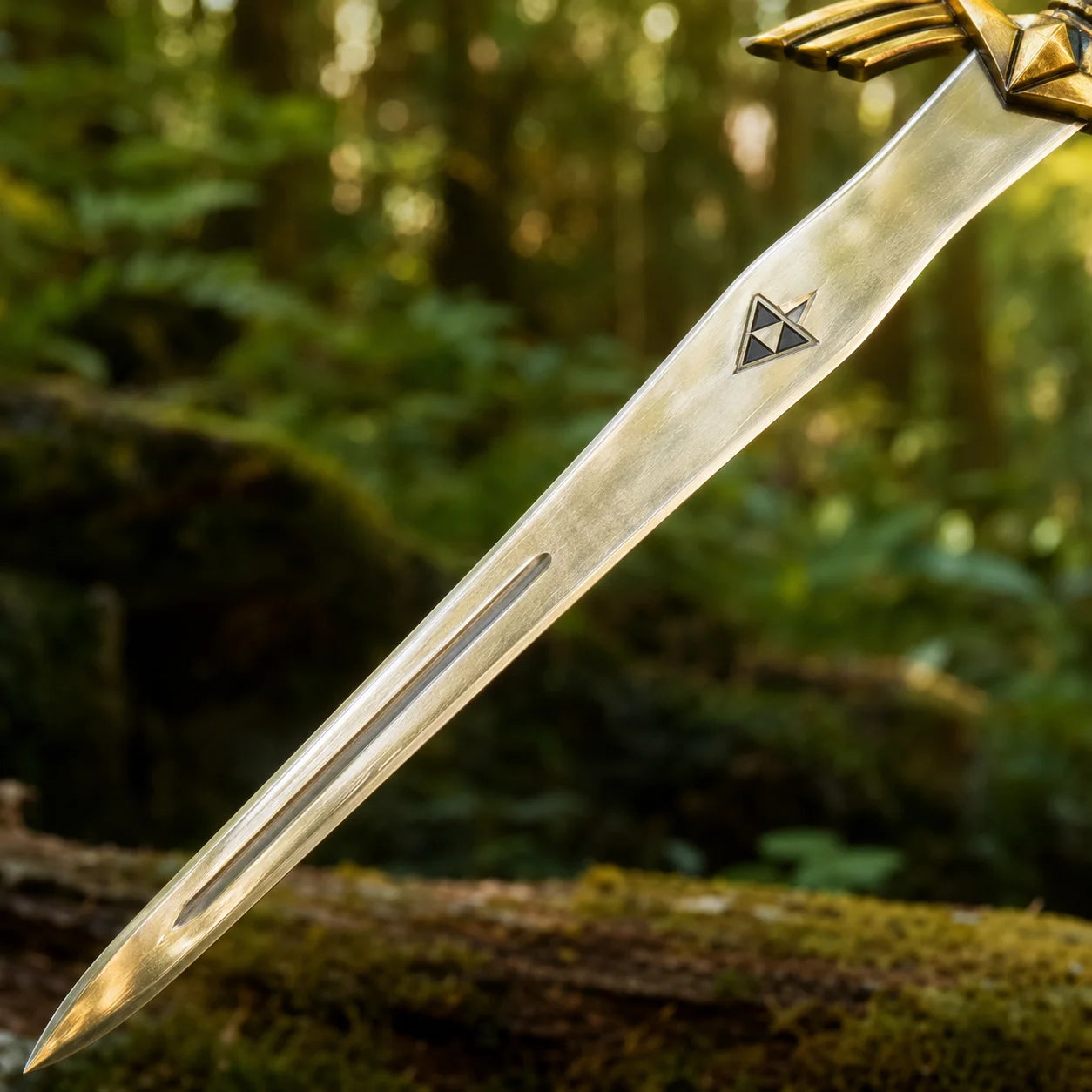Dark Hylian Shield and Master Sword prop replica set displayed on mossy rocks – Zelda fan gift