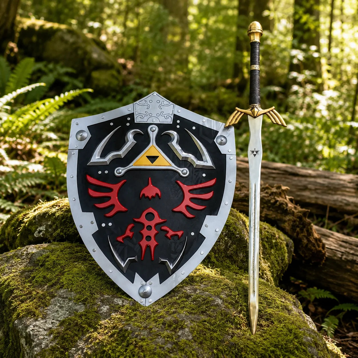 Zelda Link Dark Hylian Shield prop replica with red Ganon crest and Triforce – gaming room wall display