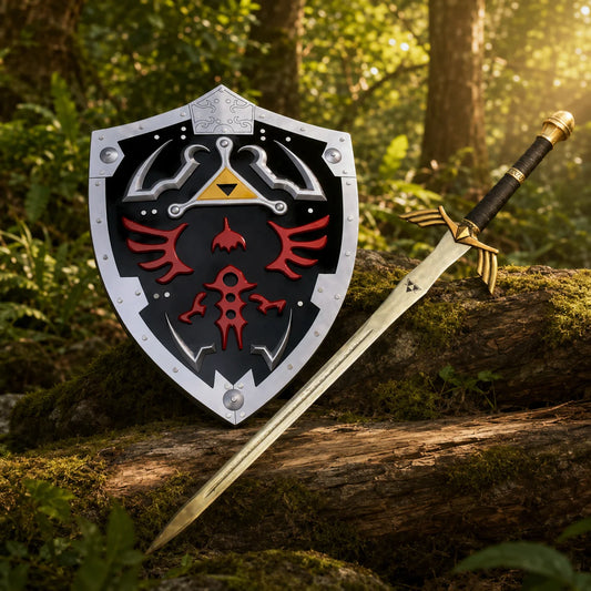 Link Hylian Shield and Master Sword prop replica set displayed in forest – Legend of Zelda collectible