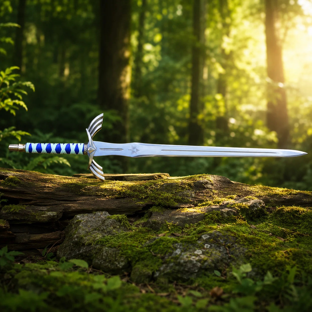 Full-length view of the Zelda Link Skyward Sword Goddess Replica resting on a mossy log in a lush green forest