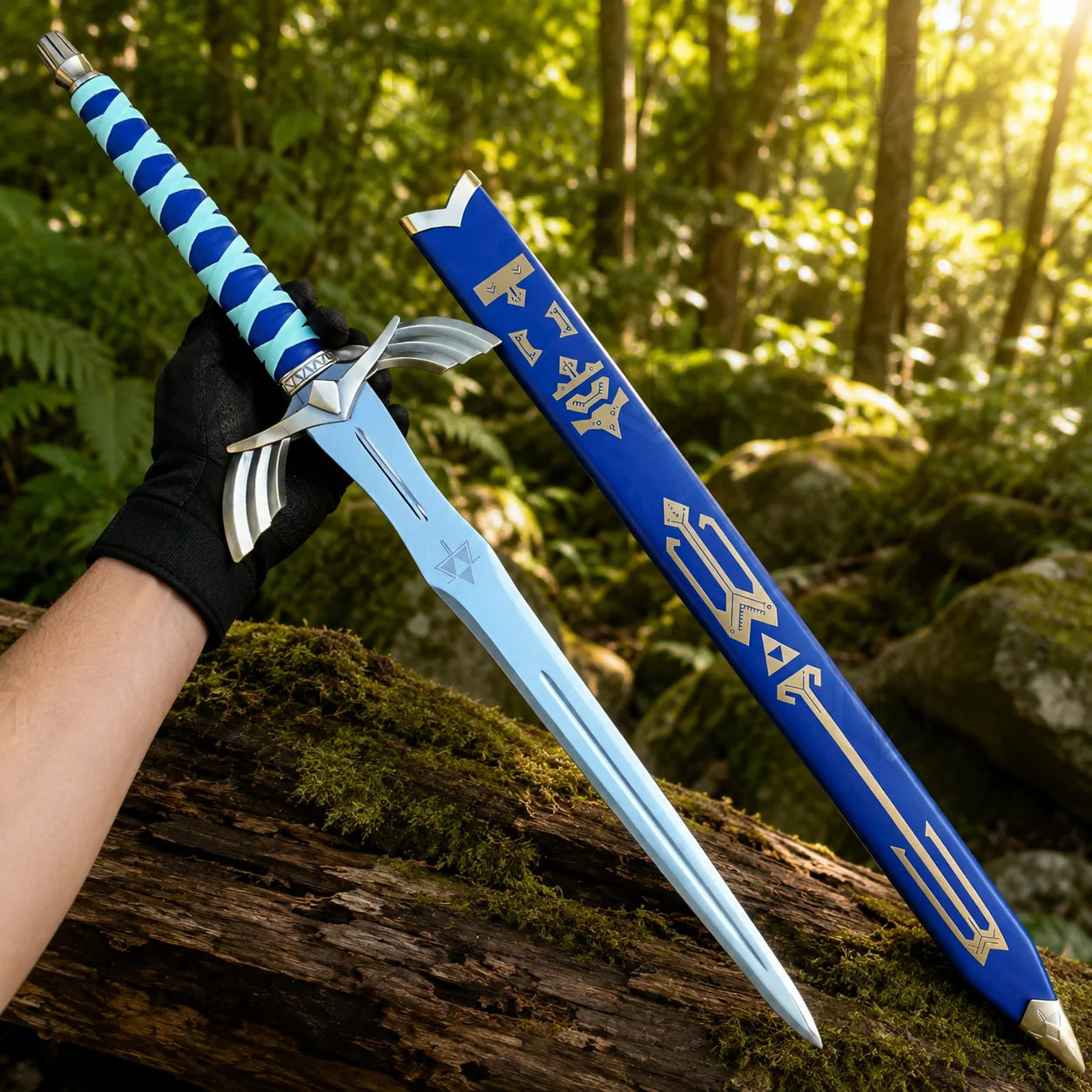 Zelda Link Skyward Sword Goddess Replica laid on a mossy rock showing the Triforce engraving on the silver blade