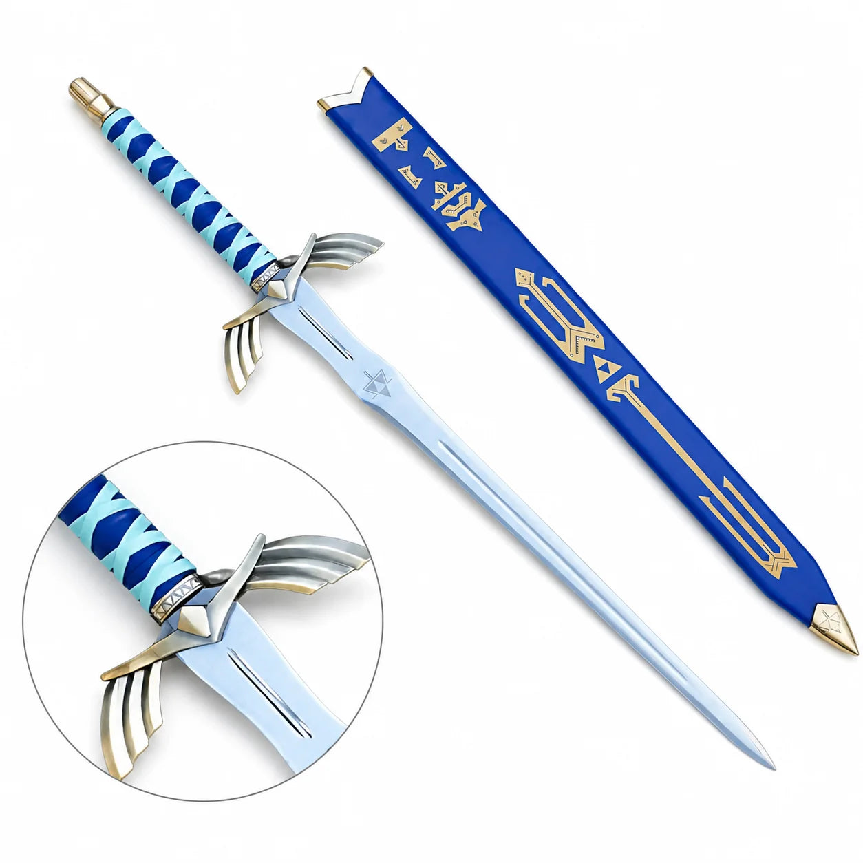 Zelda Link Skyward Sword Goddess Replica resting diagonally on a mossy rock with full blade and blue-wrapped handle visible