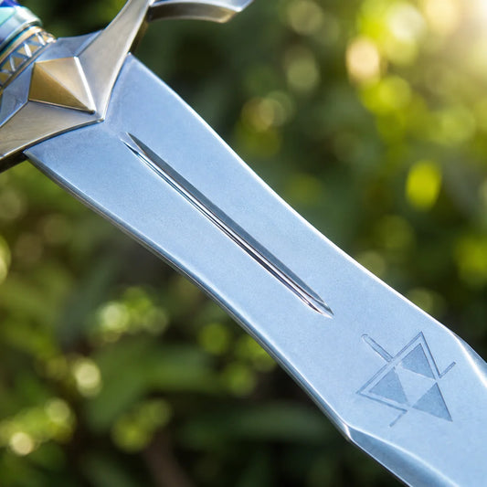 Close-up of the blue and light blue wrapped handle of the Zelda Link Skyward Sword Goddess Replica with silver guard in a forest setting