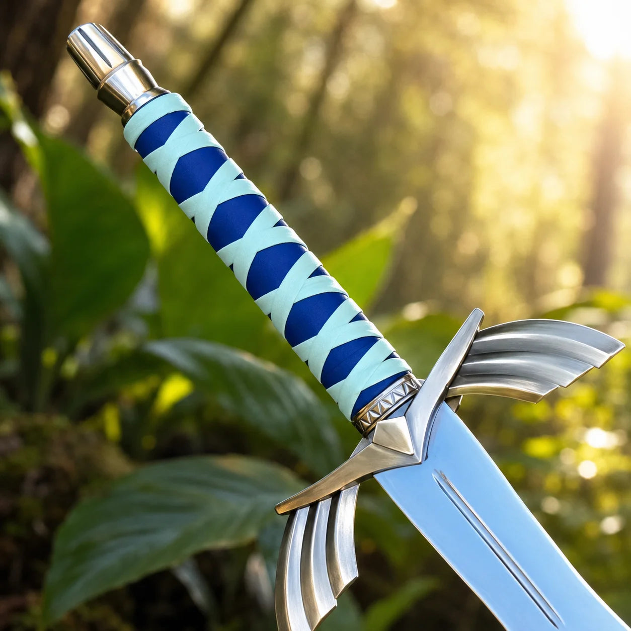 Hand holding the Zelda Link Skyward Sword Goddess Replica alongside its blue decorative scabbard in a sunlit forest